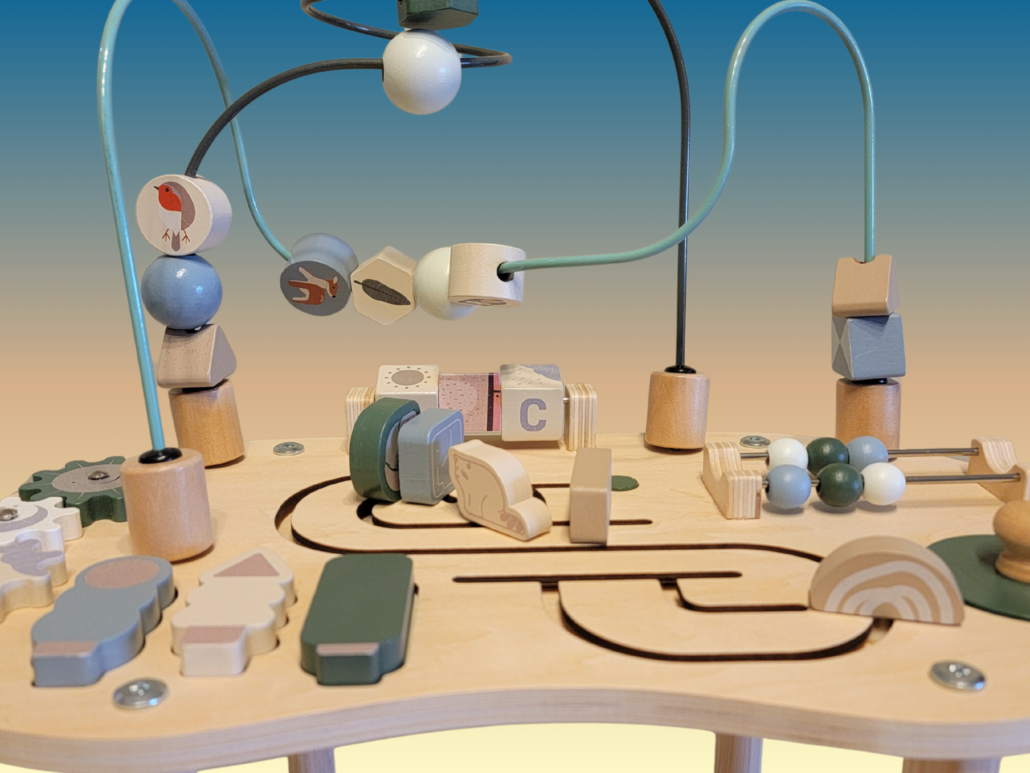 Montessori Activity Table Wooden | Sensory Table Toy with Beads, Gears & Blocks | Educational Toy for Babies