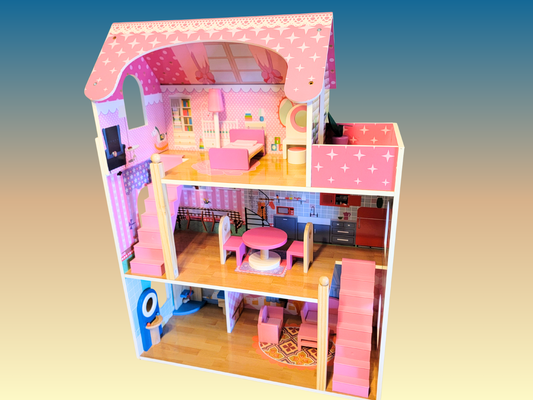Large Pink Wooden Dollhouse, 3-Story Doll Mansion with Furniture