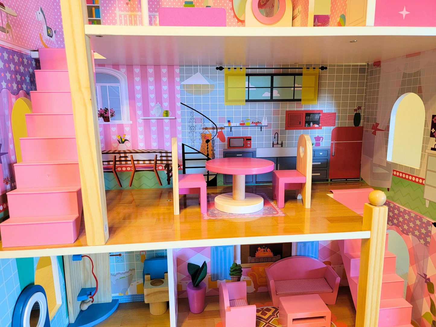 Large Pink Wooden Dollhouse, 3-Story Doll Mansion with Furniture