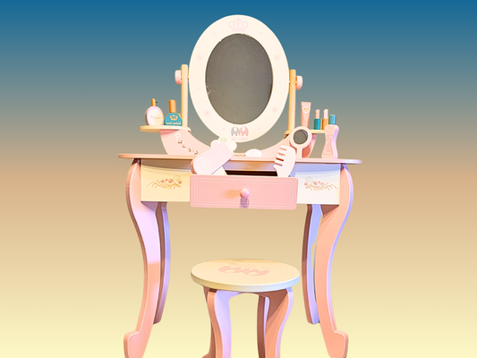 Large Pink Makeup Dressing Table for Girls | Pretend Play Vanity Set with Stool