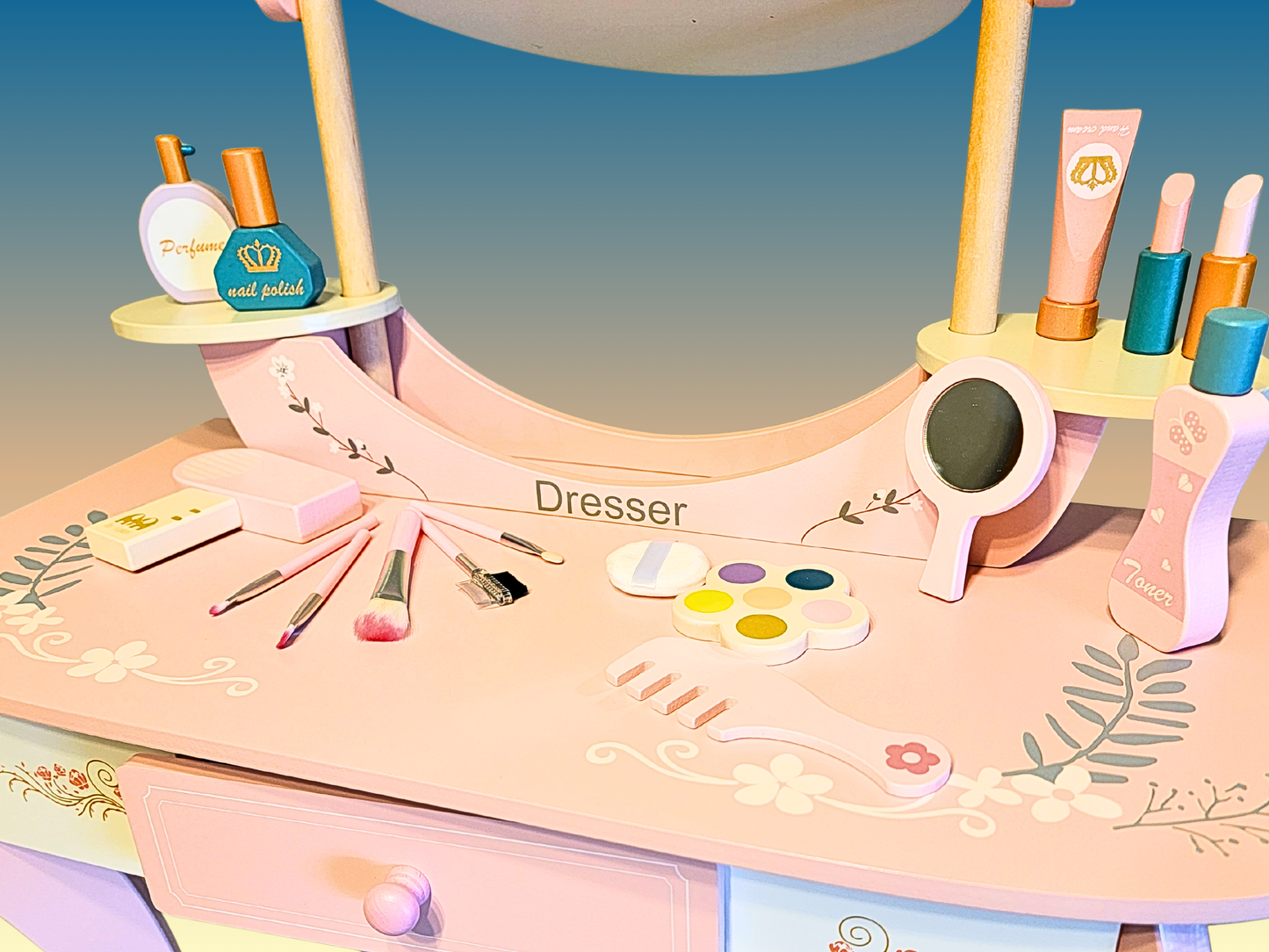 Large Pink Makeup Dressing Table for Girls | Pretend Play Vanity Set with Stool