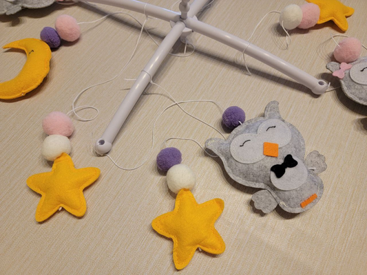 Hand-Sewed Felt Owl Baby Mobile | Silent Crib Chime & Nursery Decor | Pink, Purple & Grey