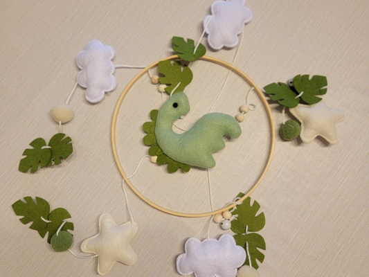 Handmade Felt Dinosaur Baby Mobile | Wooden Frame & Silent Crib Chime | Eco-Friendly Nursery Decor
