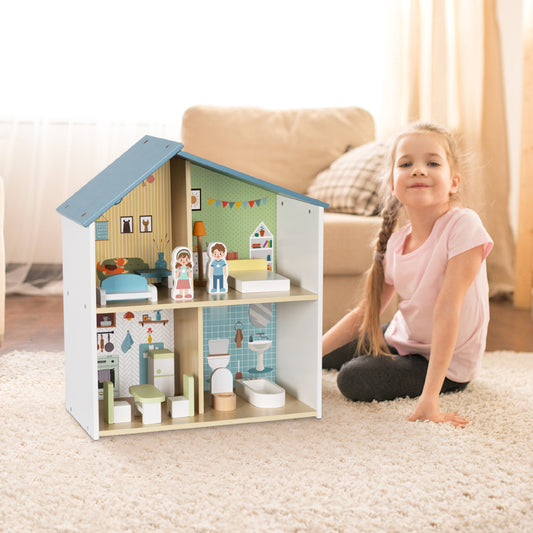 Blue Wooden Dollhouse Furniture Set - Montessori Role Play