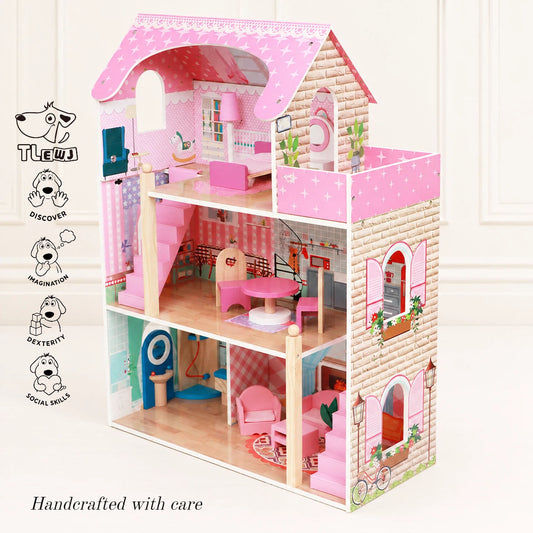 Large Pink Wooden Dollhouse, 3-Story Doll Mansion with Furniture