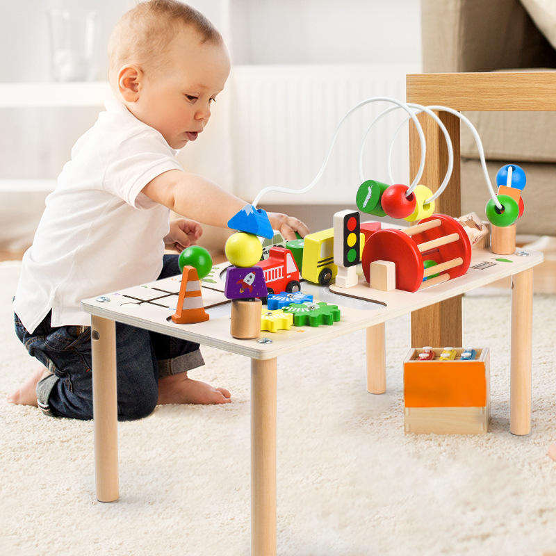 7-in-1 Montessori Wooden Busy Board Activity Table | Sensory Bead Maze & Traffic Cognition Toy