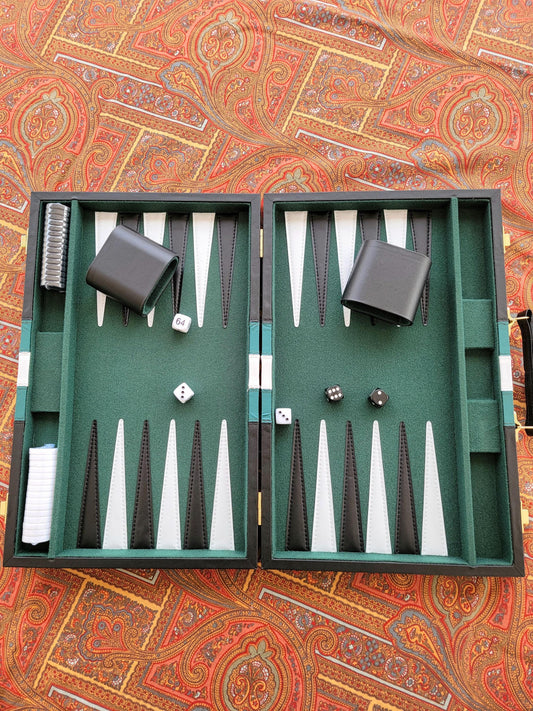 Handmade Leather Backgammon Set, Portable foldable and Stylish, Green Leather Finish, Perfect for Indoor and Outdoor Play"