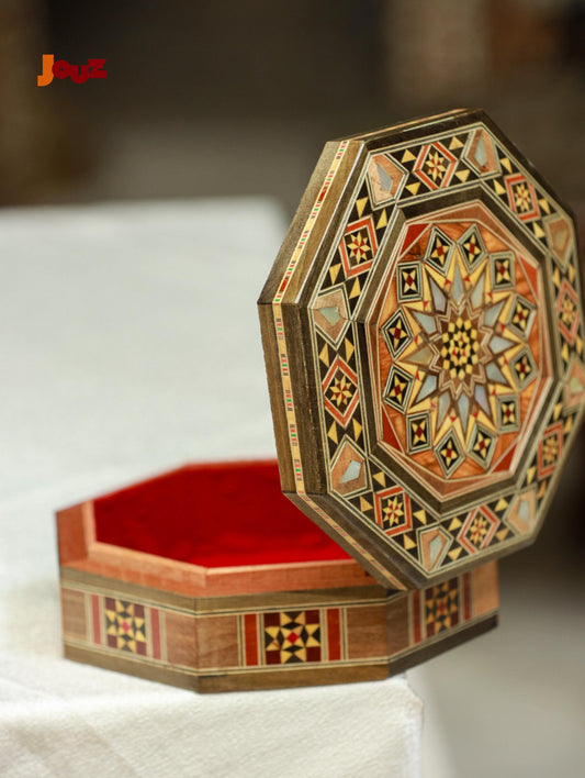 Small Oval Wooden Mosaic Box – Handcrafted with Wood Inlay – Boho Home Décor – Perfect for Rings & Treasures