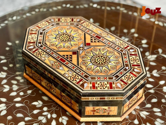 Handmade Wooden Mosaic Box - Syrian Marquetry Jewelry Box with Mother of Pearl Inlay, Unique Gift for Her, Boho Home Decor.