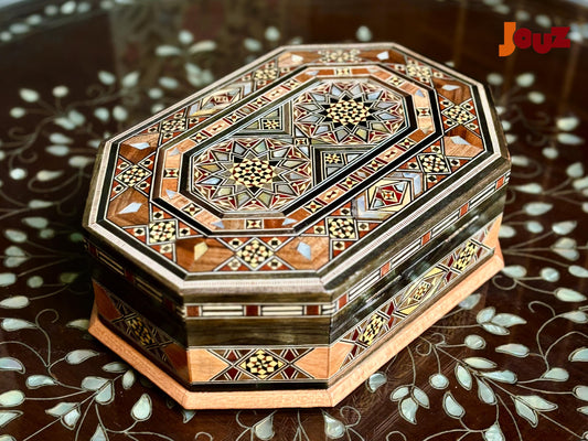 Handmade Wooden Mosaic Box – Oval Decorative Box with Intricate Inlay – Boho Jewelry Holder – Gift Idea