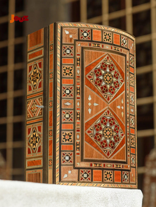 Handmade Wooden Mosaic Box with key - High Quality Artisan Keepsake Chest with Mother of Pearl Inlay - Jewelry Gift Box, Boho Home Decor