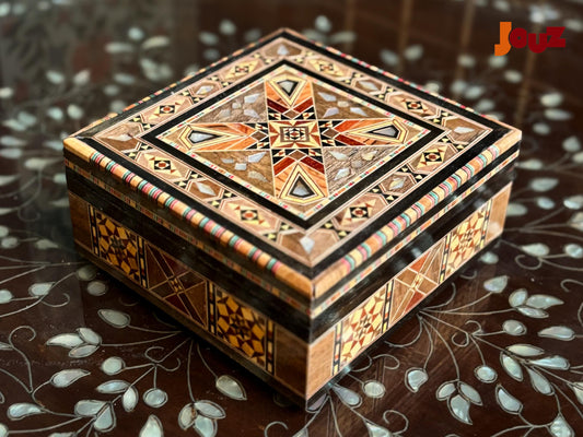 Handcrafted Wooden Mosaic Box – Square Decorative Box – Unique Wood Art – Keepsake Jewelry Box