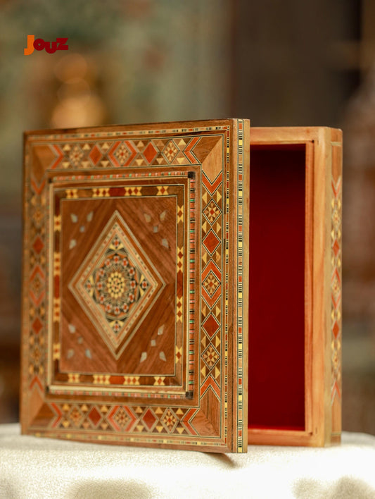 Handmade Square Wooden Mosaic Box – Decorative Wood Inlay Tile – Geometric Jewelry Trinket Box – Boho Home Decor Gift
