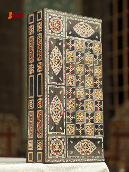 Handmade Syrian Mosaic Wooden Chess & Backgammon Set - Artisan Inlaid Game Board - Double-Sided Middle Eastern Decor - Unique Game Gift