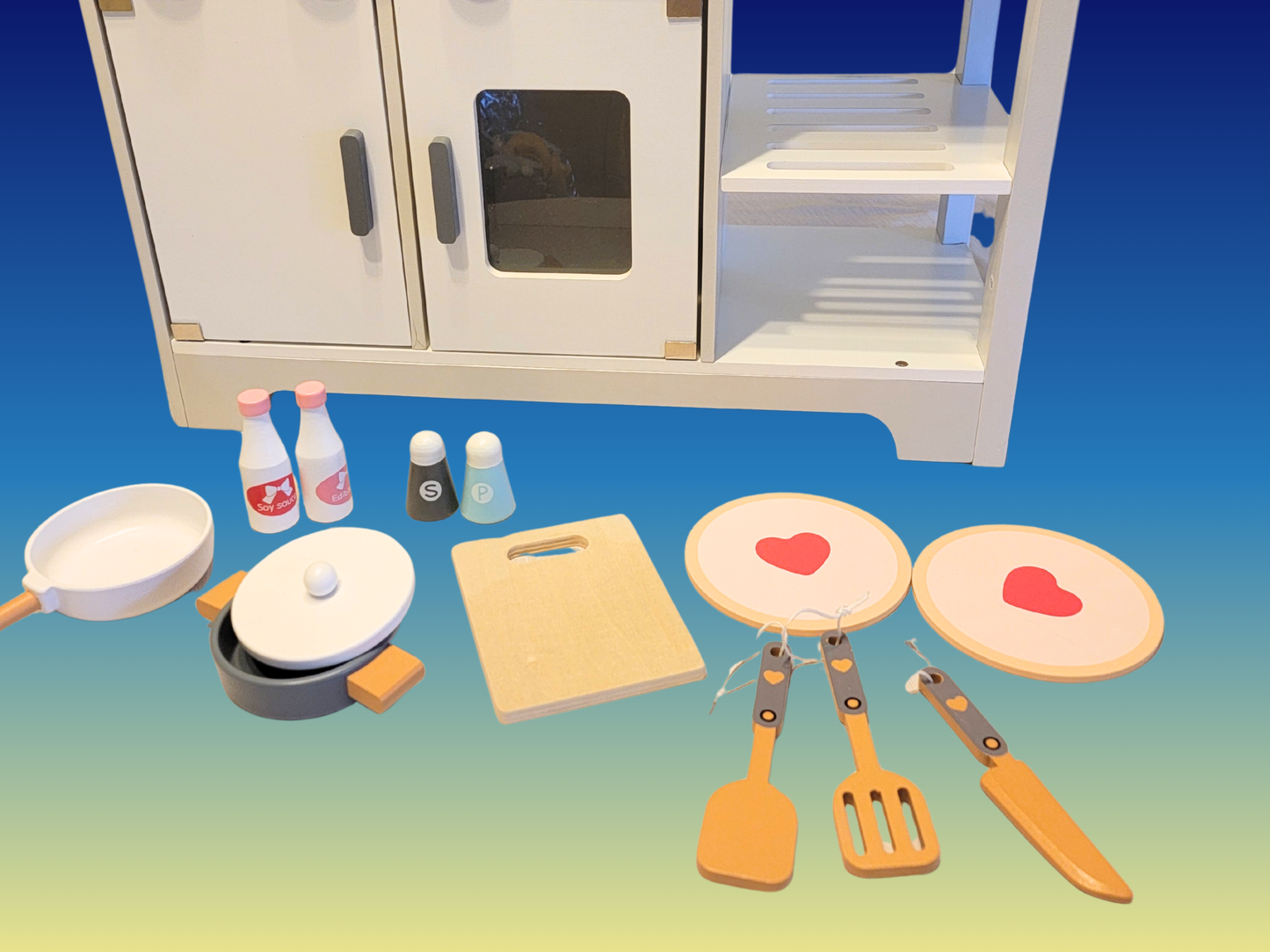 Premium Gray & White Wooden Kitchen Play Set - Montessori & Waldorf Inspired Kids Pretend Play