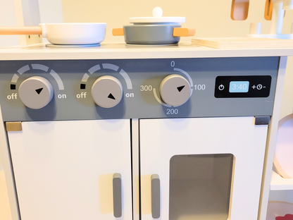 Premium Gray & White Wooden Kitchen Play Set - Montessori & Waldorf Inspired Kids Pretend Play