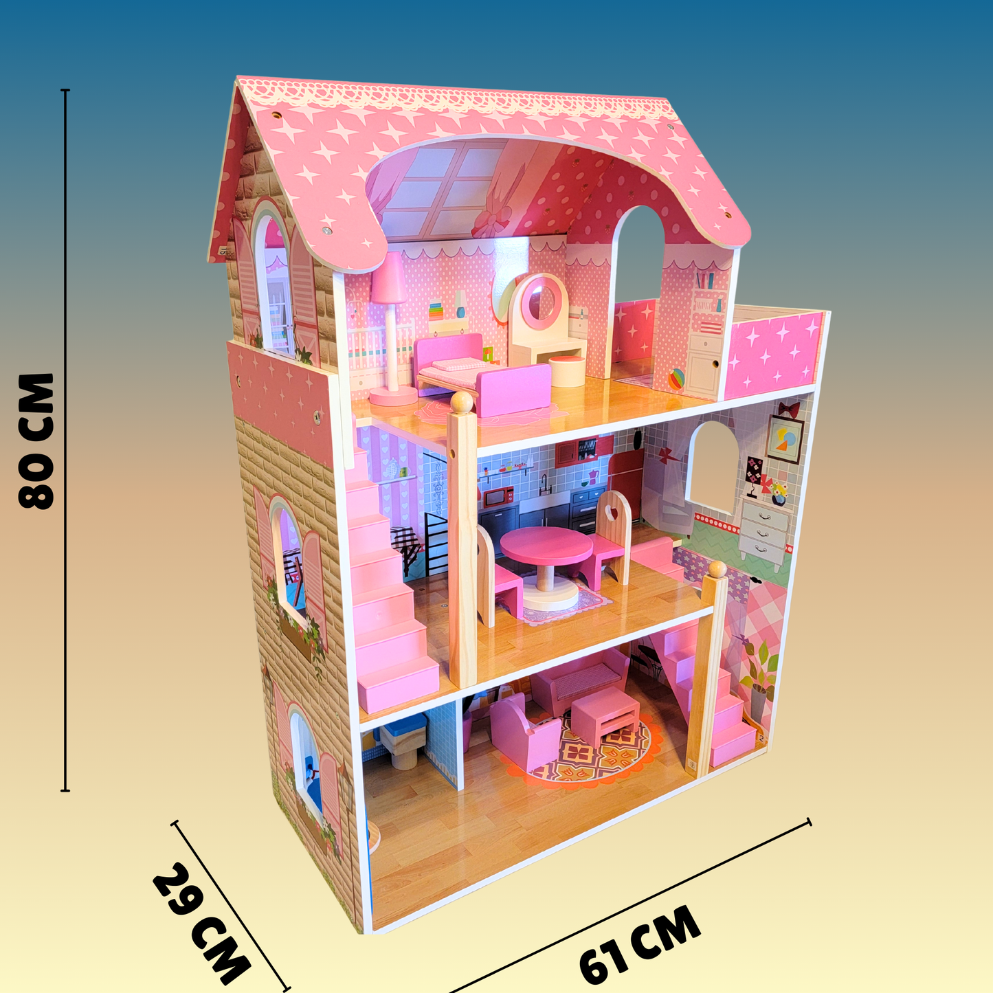 Large Pink Wooden Dollhouse, 3-Story Doll Mansion with Furniture
