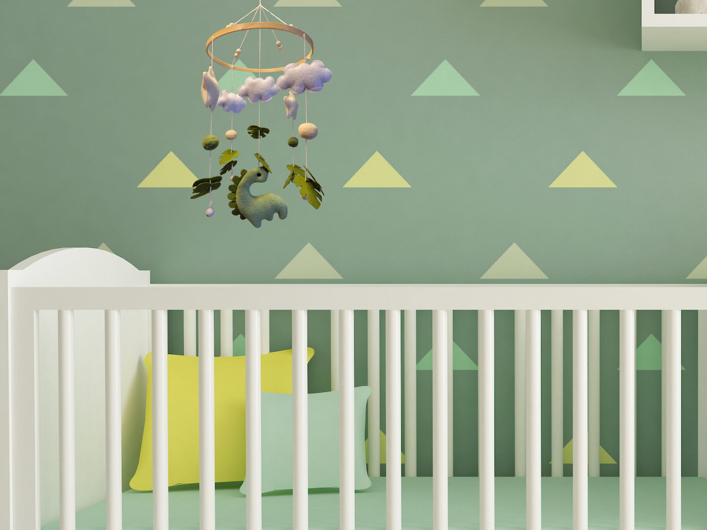 Handmade Felt Dinosaur Baby Mobile | Wooden Frame & Silent Crib Chime | Eco-Friendly Nursery Decor