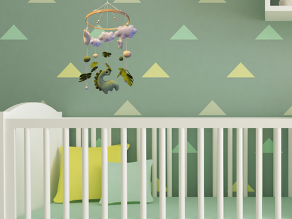 Handmade Felt Dinosaur Baby Mobile | Wooden Frame & Silent Crib Chime | Eco-Friendly Nursery Decor