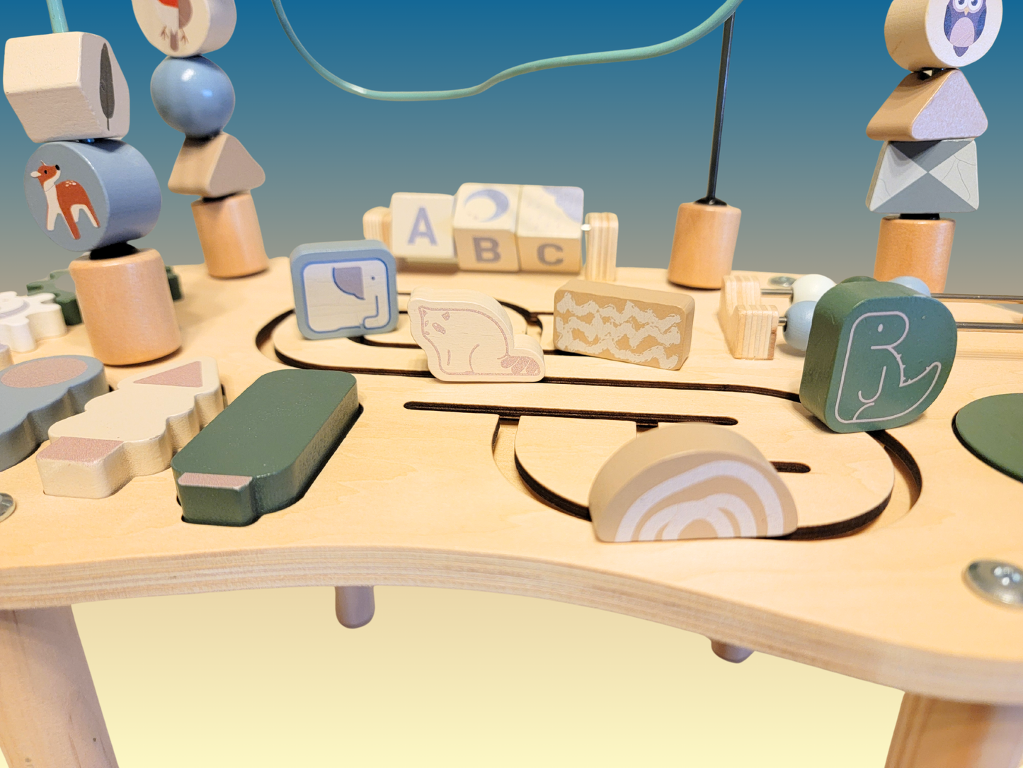 Montessori Activity Table Wooden | Sensory Table Toy with Beads, Gears & Blocks | Educational Toy for Babies