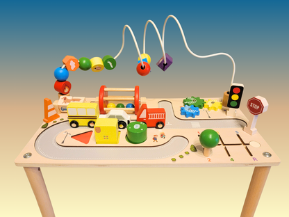 7-in-1 Montessori Wooden Busy Board Activity Table | Sensory Bead Maze & Traffic Cognition Toy