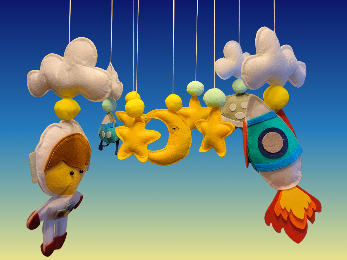 Hand-Sewed Felt Space Baby Mobile | Astronaut, Rocket Ship; Planet Crib Mobile