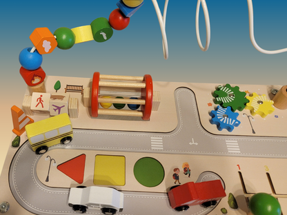 7-in-1 Montessori Wooden Busy Board Activity Table | Sensory Bead Maze & Traffic Cognition Toy