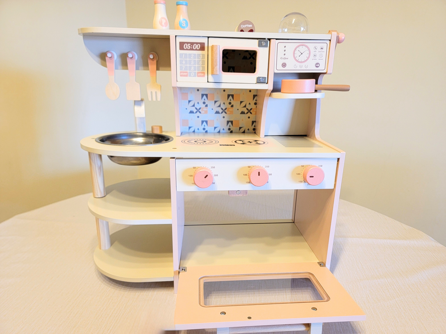 Ensemble de cuisine et de jouets de cuisine interactifs en bois - Édition rose