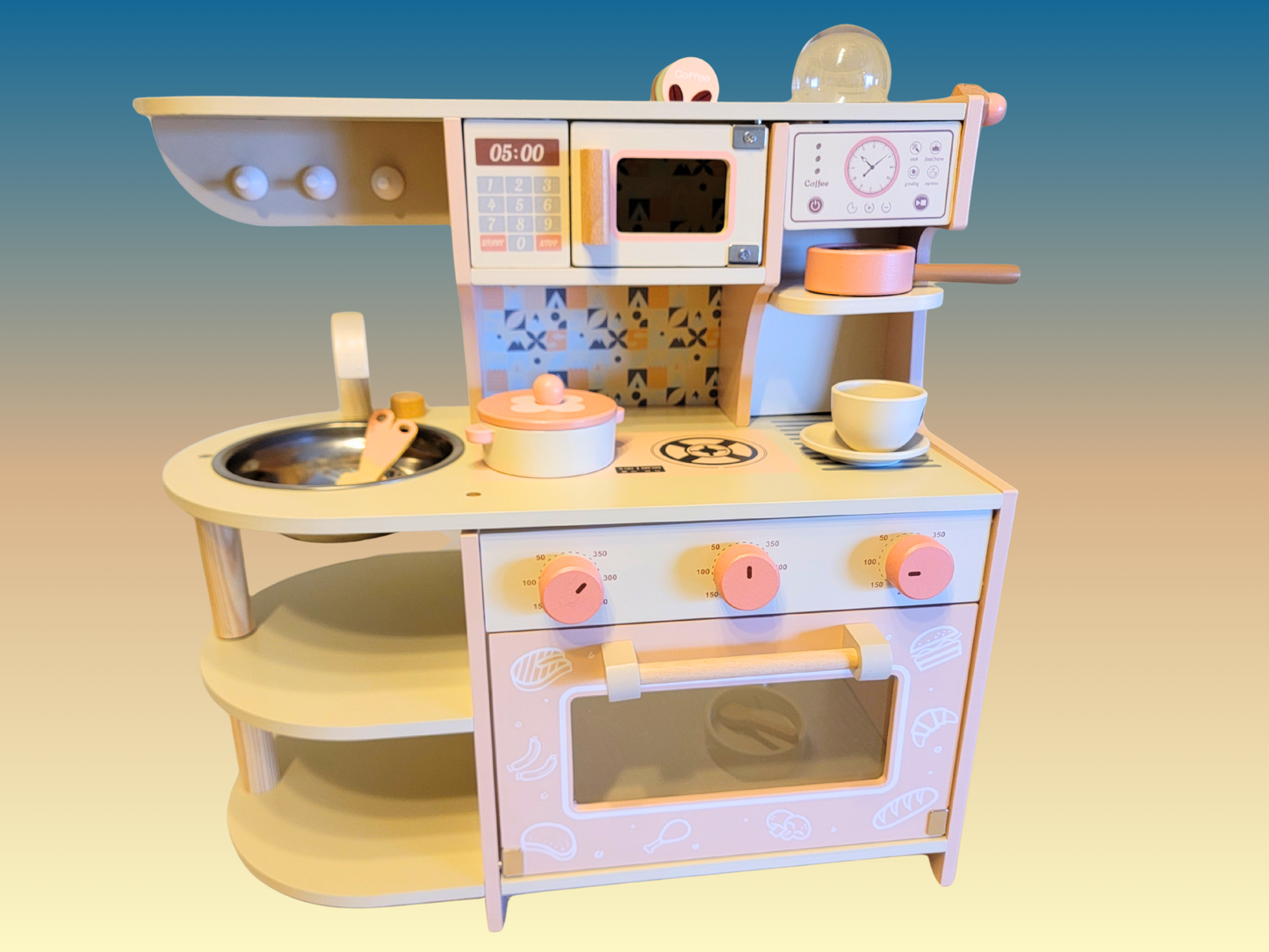 Ensemble de cuisine et de jouets de cuisine interactifs en bois - Édition rose