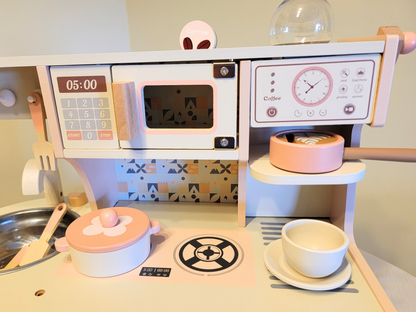 Ensemble de cuisine et de jouets de cuisine interactifs en bois - Édition rose