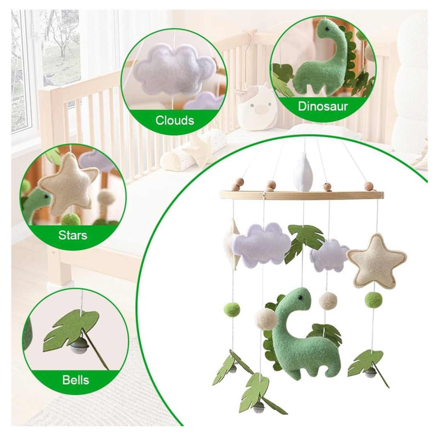 Handmade Felt Dinosaur Baby Mobile | Wooden Frame & Silent Crib Chime | Eco-Friendly Nursery Decor