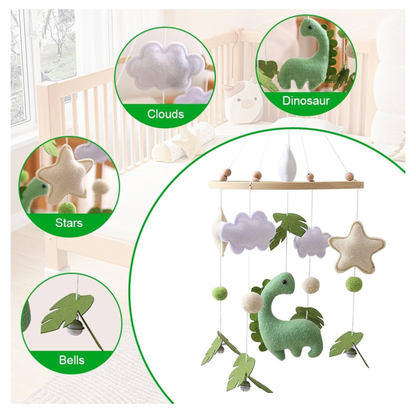 Handmade Felt Dinosaur Baby Mobile | Wooden Frame & Silent Crib Chime | Eco-Friendly Nursery Decor