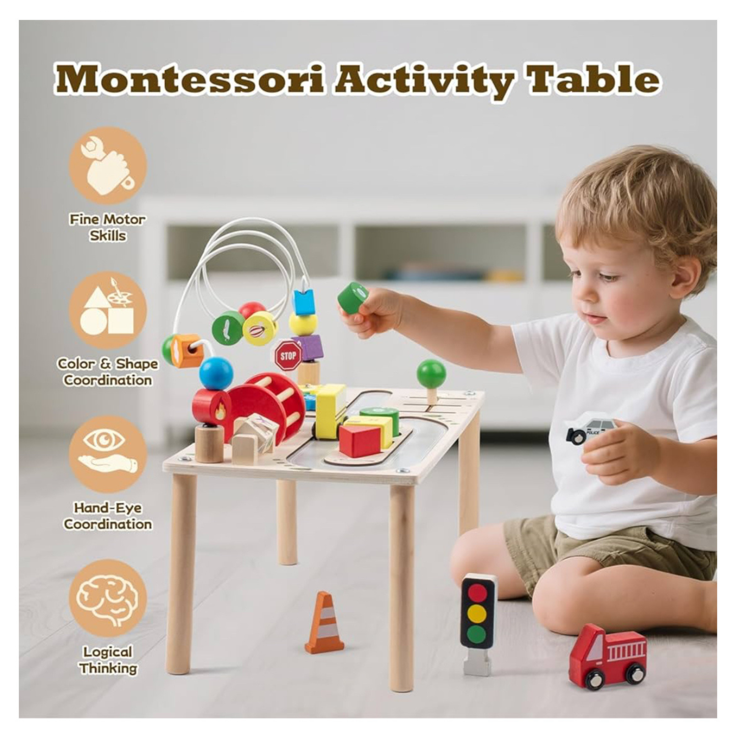 7-in-1 Montessori Wooden Busy Board Activity Table | Sensory Bead Maze & Traffic Cognition Toy
