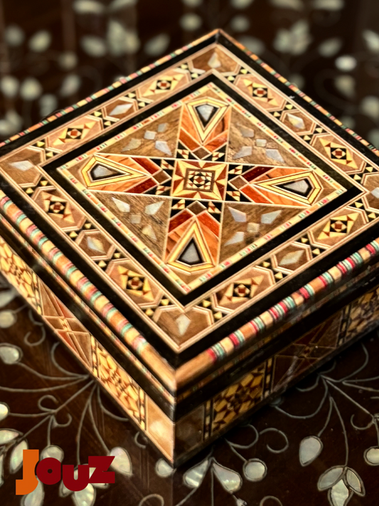 Handcrafted Wooden Mosaic Box – Square Decorative Box – Unique Wood Art – Keepsake Jewelry Box