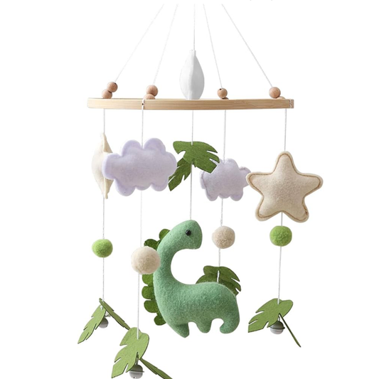 Handmade Felt Dinosaur Baby Mobile | Wooden Frame & Silent Crib Chime | Eco-Friendly Nursery Decor