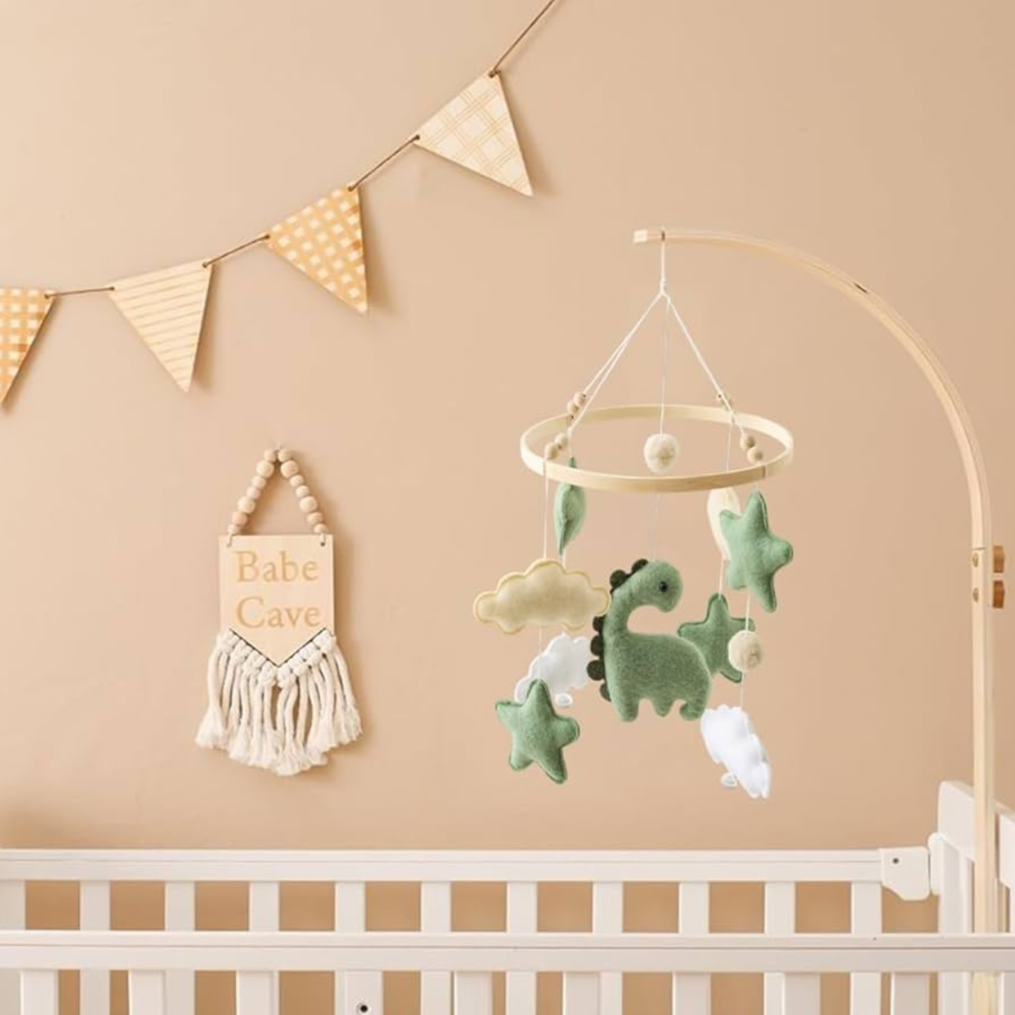 Handmade Felt Dinosaur Baby Mobile | Wooden Frame & Silent Crib Chime | Eco-Friendly Nursery Decor