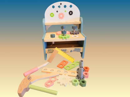 Small Multifunctional Wooden Tool Bench & 25-Piece Workshop Set for Kids