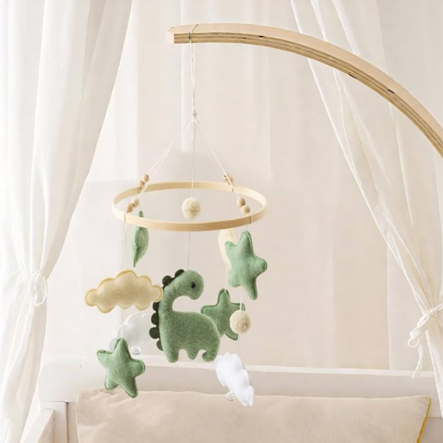 Handmade Felt Dinosaur Baby Mobile | Wooden Frame & Silent Crib Chime | Eco-Friendly Nursery Decor