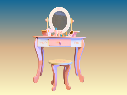 Large Wooden Makeup Dressing Table for Girls | Pretend Play Vanity Set with Stool | Kids Beauty Fashion Toys with Artificial Cosmetics & Jewelry