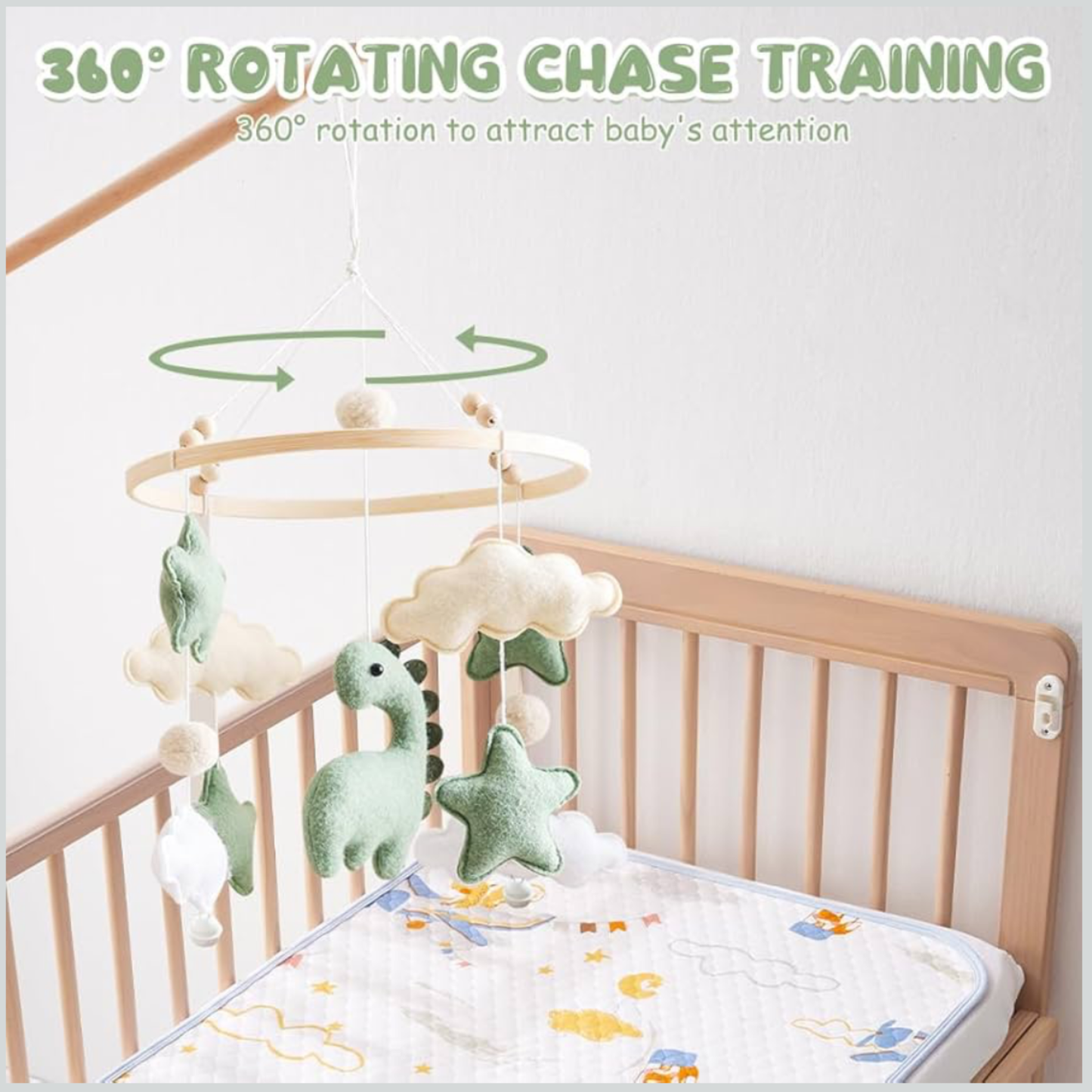 Handmade Felt Dinosaur Baby Mobile | Wooden Frame & Silent Crib Chime | Eco-Friendly Nursery Decor
