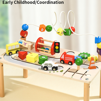 7-in-1 Montessori Wooden Busy Board Activity Table | Sensory Bead Maze & Traffic Cognition Toy