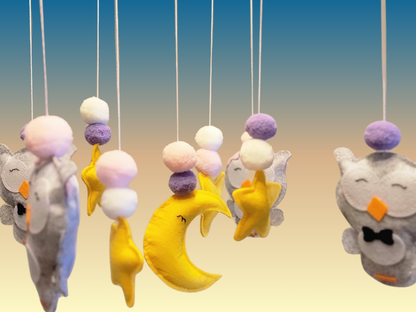 Hand-Sewed Felt Owl Baby Mobile | Silent Crib Chime & Nursery Decor | Pink, Purple & Grey