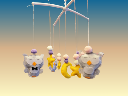 Hand-Sewed Felt Owl Baby Mobile | Silent Crib Chime & Nursery Decor | Pink, Purple & Grey