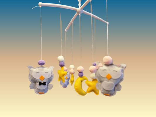 Hand-Sewed Felt Owl Baby Mobile | Silent Crib Chime & Nursery Decor | Pink, Purple & Grey