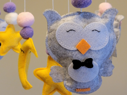 Hand-Sewed Felt Owl Baby Mobile | Silent Crib Chime & Nursery Decor | Pink, Purple & Grey