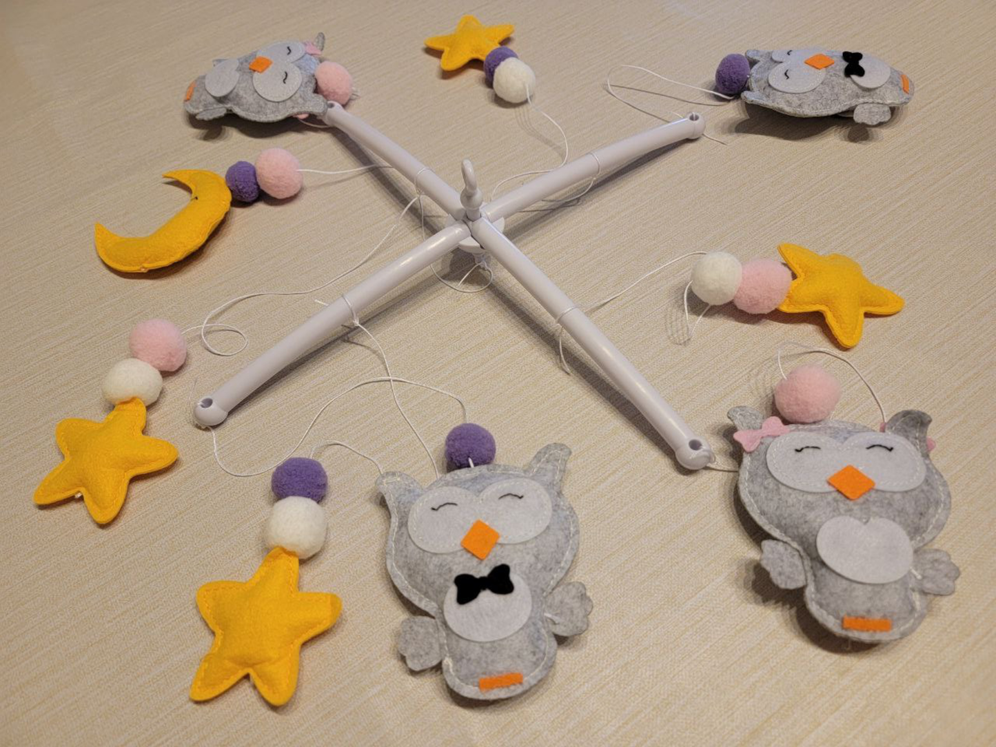 Hand-Sewed Felt Owl Baby Mobile | Silent Crib Chime & Nursery Decor | Pink, Purple & Grey