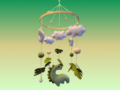 Handmade Felt Dinosaur Baby Mobile | Wooden Frame & Silent Crib Chime | Eco-Friendly Nursery Decor