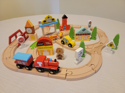 Wooden Cross Traffic Tracks Train Set - 60-Piece Railway Adventure