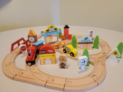 Wooden Cross Traffic Tracks Train Set - 60-Piece Railway Adventure