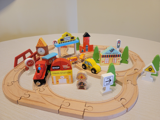 Wooden Cross Traffic Tracks Train Set - 60-Piece Railway Adventure